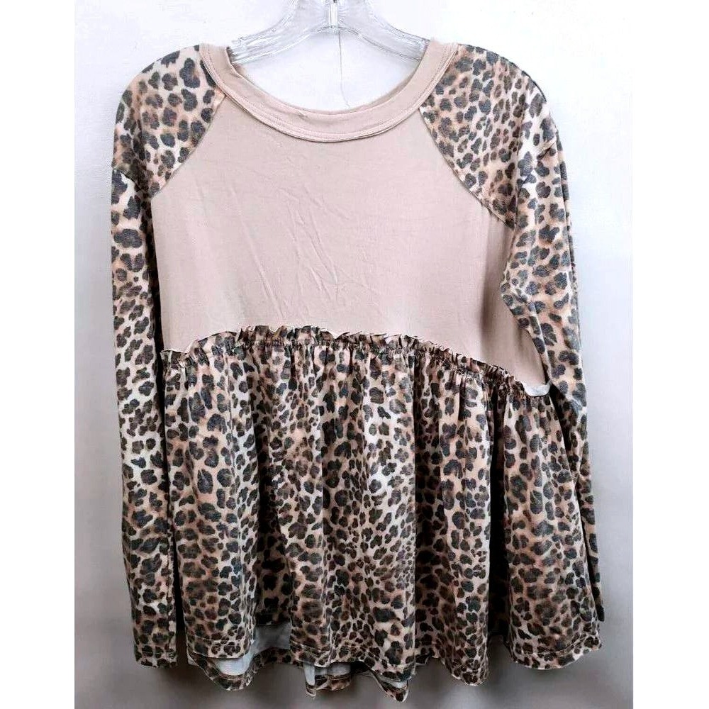 Easel Animal Print Babydoll Top Womens Small Tan Long Sleeve BOHO Casual